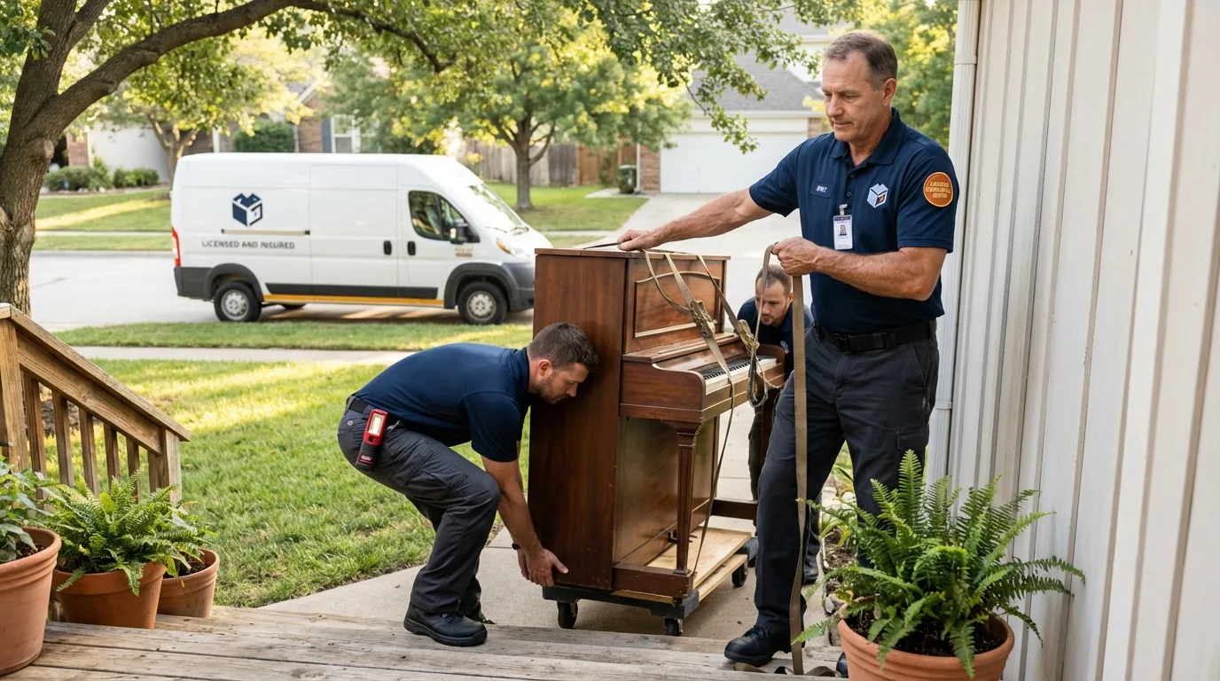 Licensed piano movers securing grand piano in Friars Point, MS